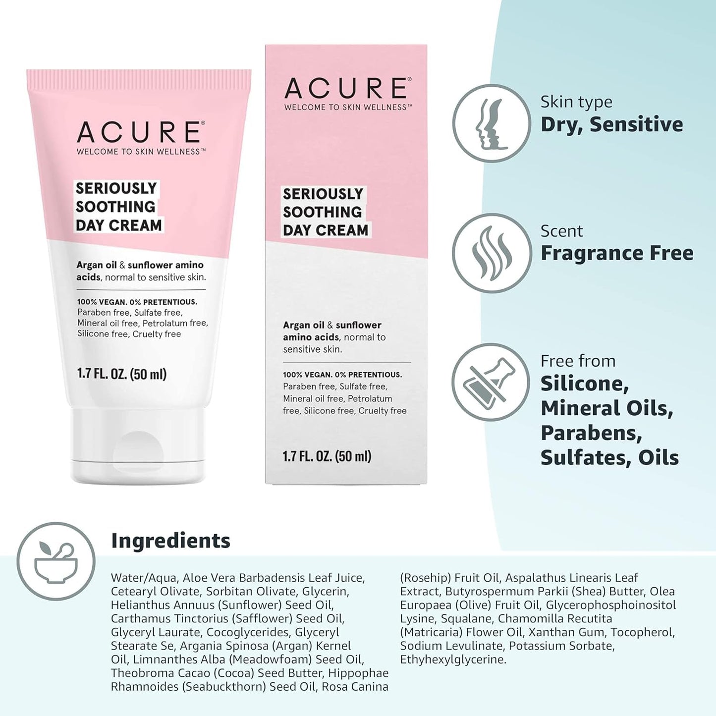 Acure Seriously Soothing Day Cream - Daily Hydrating Facial Cream - Moisturizer for Dry to Sensitive Skin from Argan Oil & Sunflower Amino Acids with Organic Chamomile - Vegan, Unscented - 1.7 Fl Oz