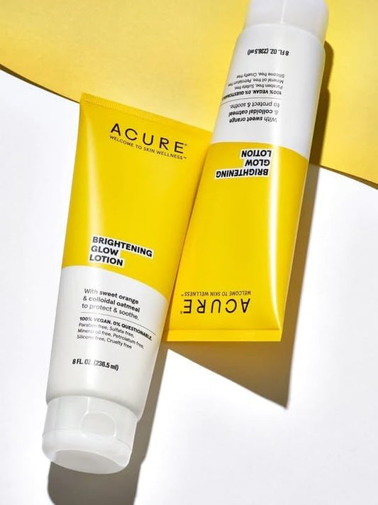 Acure Brightening Glow Lotion - Made with Sweet Orange & Colloidal Oatmeal for Bright, Refresh and Glowing Skin - Lightweight & Instant Absorb, Non-sticky - For All Skin Types, Citrus Scent - 8 Fl Oz