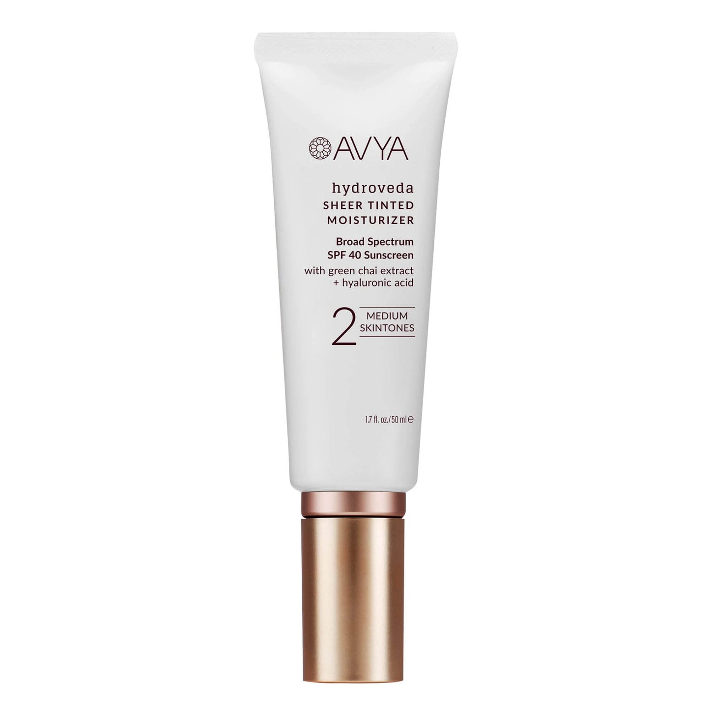 AVYA SPF 40 Sheer Tinted Moisturizer with Hyaluronic Acid & Green Chai – Advanced Ayurvedic Skincare Treatment for Balanced and Brighter Skin/Medium Skintones Shade #2 (1.7oz/50ml)