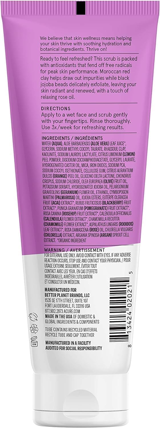 Acure Radically Rejuvenating Facial Scrub - Anti-Aging Support Face Scrub - Mild Exfoliation - Moroccan Red Clay & Rose Oil Extract - Hydrate,Toning & Moisturize - 4 Fl Oz