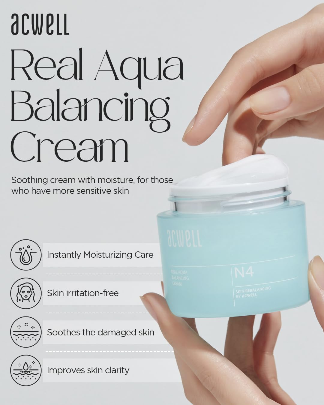 ACWELL Real Aqua Balancing Cream 1.69 fl.oz. - Moisturizing pH Balancing Face Cream, Soothing Skin Troubles and Redness for Sensitive Skin, Refreshing Gel Moisturizer, Improving Skin Texture