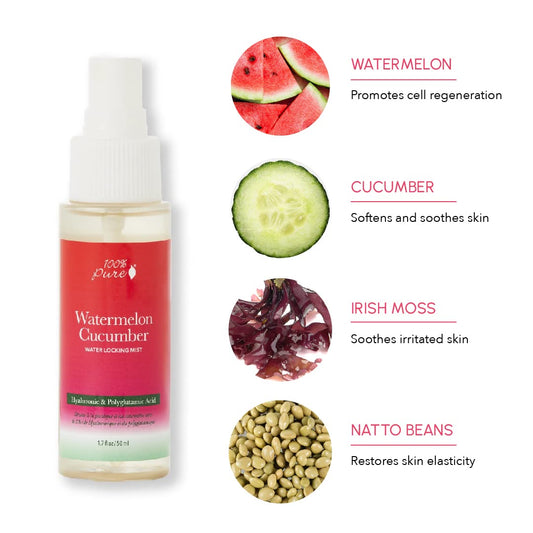 100% PURE Watermelon Cucumber Water Locking Mist for Face Hydrating Skincare - Hyaluronic Acid & Niacinamide Replenishing Plumped Up Glow - Vegan Skin Moisturizer - 1.7 fl oz