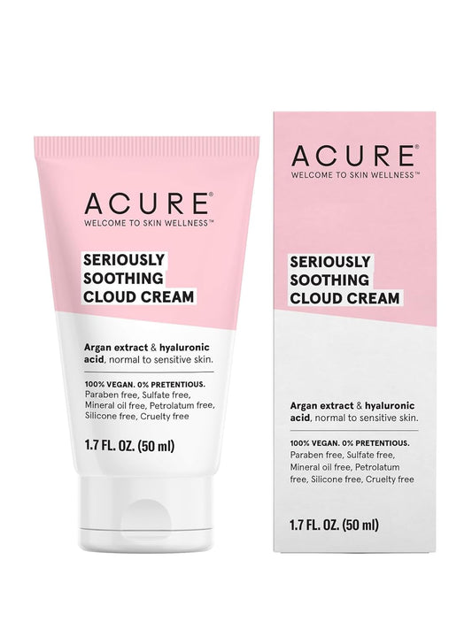 Acure Seriously Soothing Cloud Cream - Hydrating Night Cream for Normal to Dry Sensitive Skin, Facial Moisturizer for All Skin Types, Enriched with Argan Extract & Hyaluronic Acid,100% Vegan - 1.7 oz