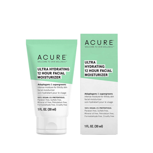 Acure Ultra Hydrating 12 Hour Facial Moisturizer - Intense Morning Moisture for Dry Dull Skin - Infused Blend of Adaptogens Aswagandha & 7 Supergreens - All Natural Vegan Cream Formula - 1 Fl Oz