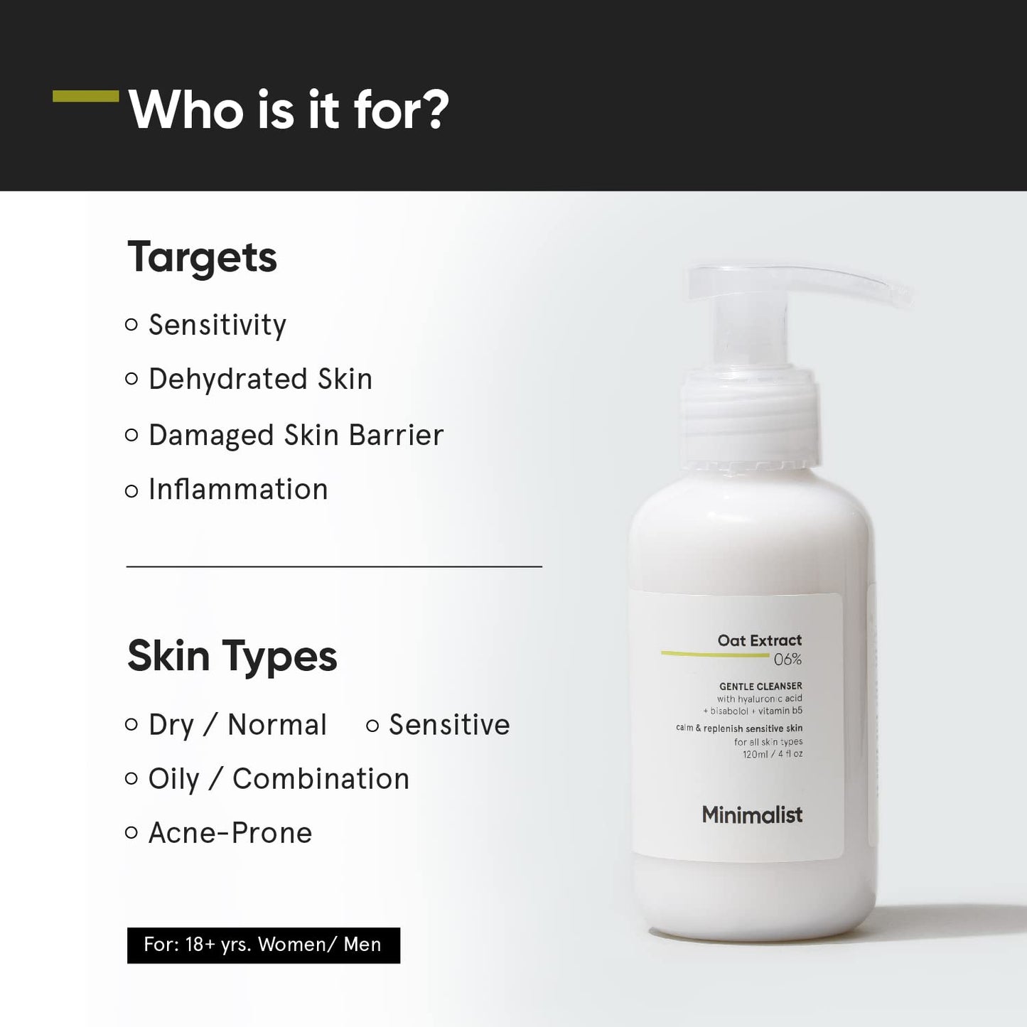 Minimalist 6% Oat Extract Gentle Face Wash for Sensitive, Dry & Dehydrated Skin | Hyaluronic Acid Provides Hydration | For Women & Men | 4 Fl Oz / 120 ml