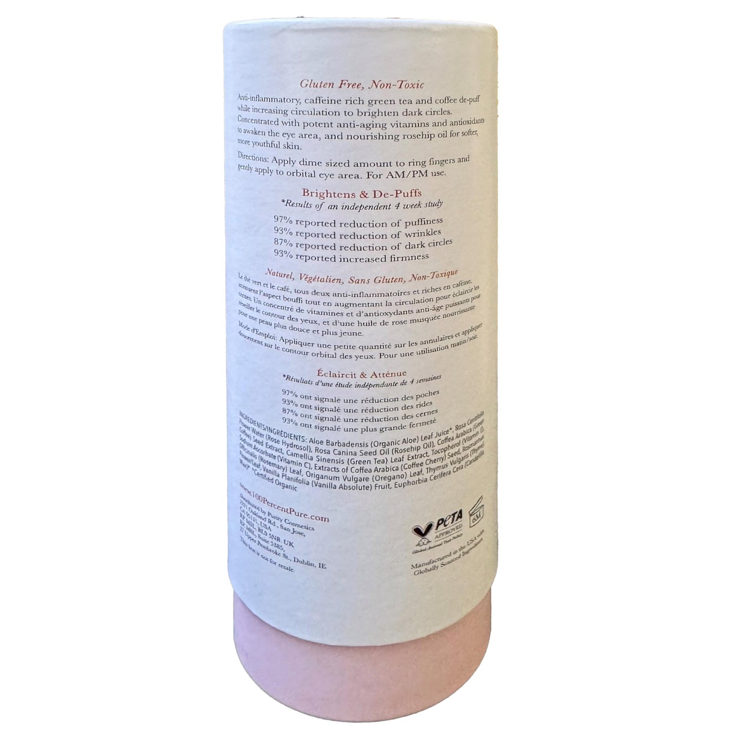 100% PURE Coffee Bean Caffeine Eye Cream Refresh & Hydrate Under Eye Treatment Reduce Puffiness, Dark Circles, Wrinkles with Green Tea, Rose Hip, Vitamin E - Youthful Vibrant Eyes - Vegan - 1 oz