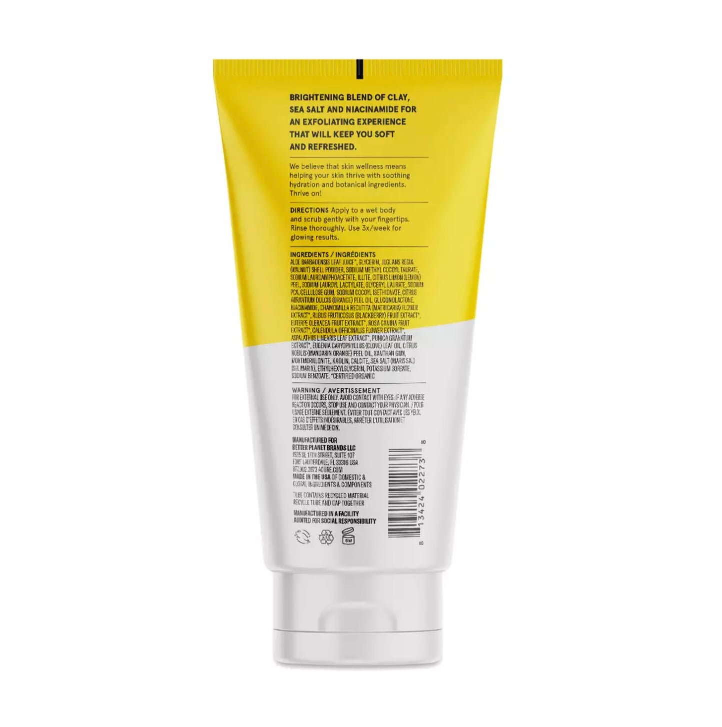 ACURE Brightening Body Scrub - Skin Renewal with Blend of Clay, Sea Salt & Niacinamide Extract - Rejuvenating Exfoliation for Soft, Refreshed Glowing Clear Skin - Suitable for All Skin Types - 6 Fl Oz