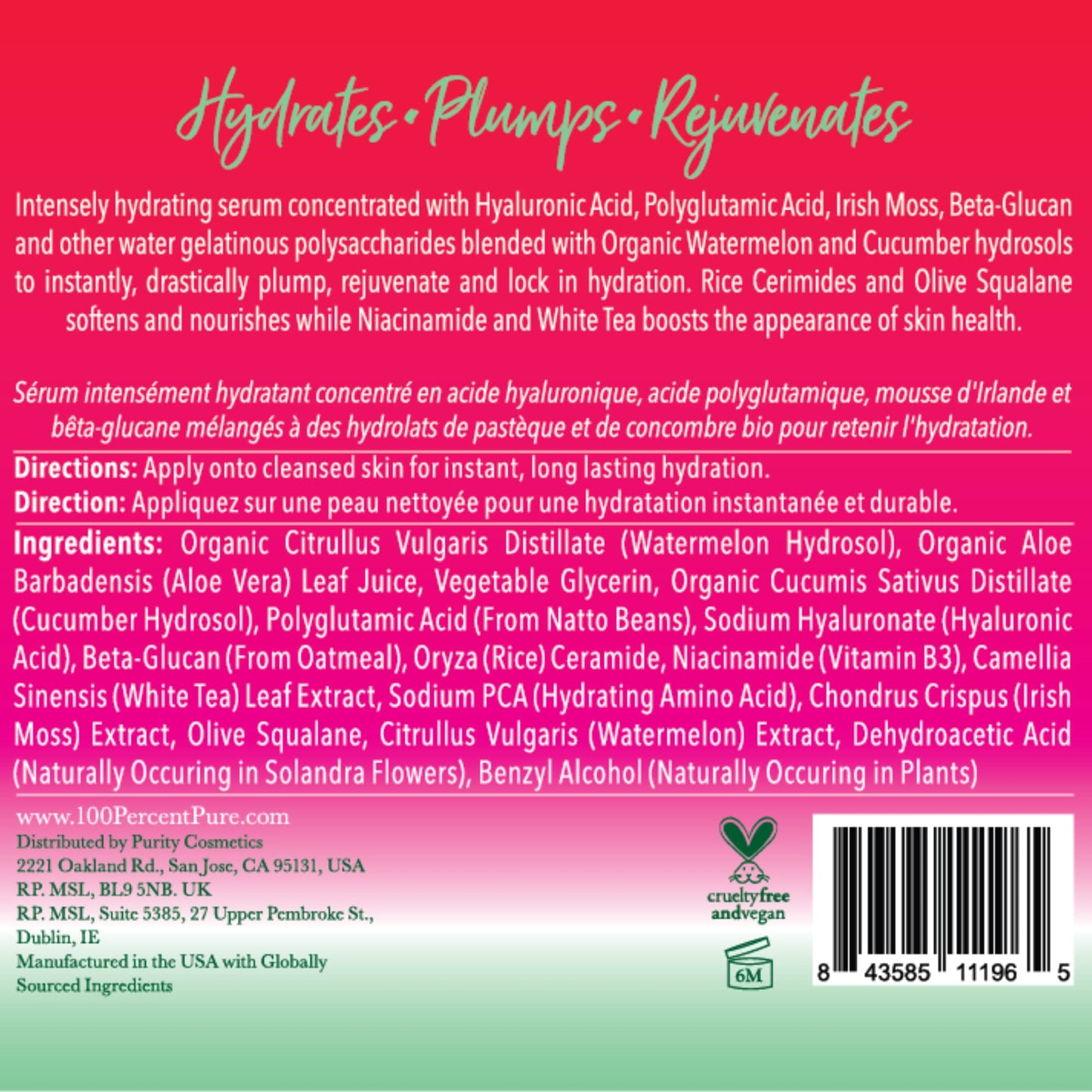 100% PURE Watermelon Cucumber Water Locking Serum for Face Moisturizing Glow Skin Care - Hyaluronic Acid Boost to Replenish Hydrate & Plump Dry Thirsty Skin, Vegan - 1.7 fl oz