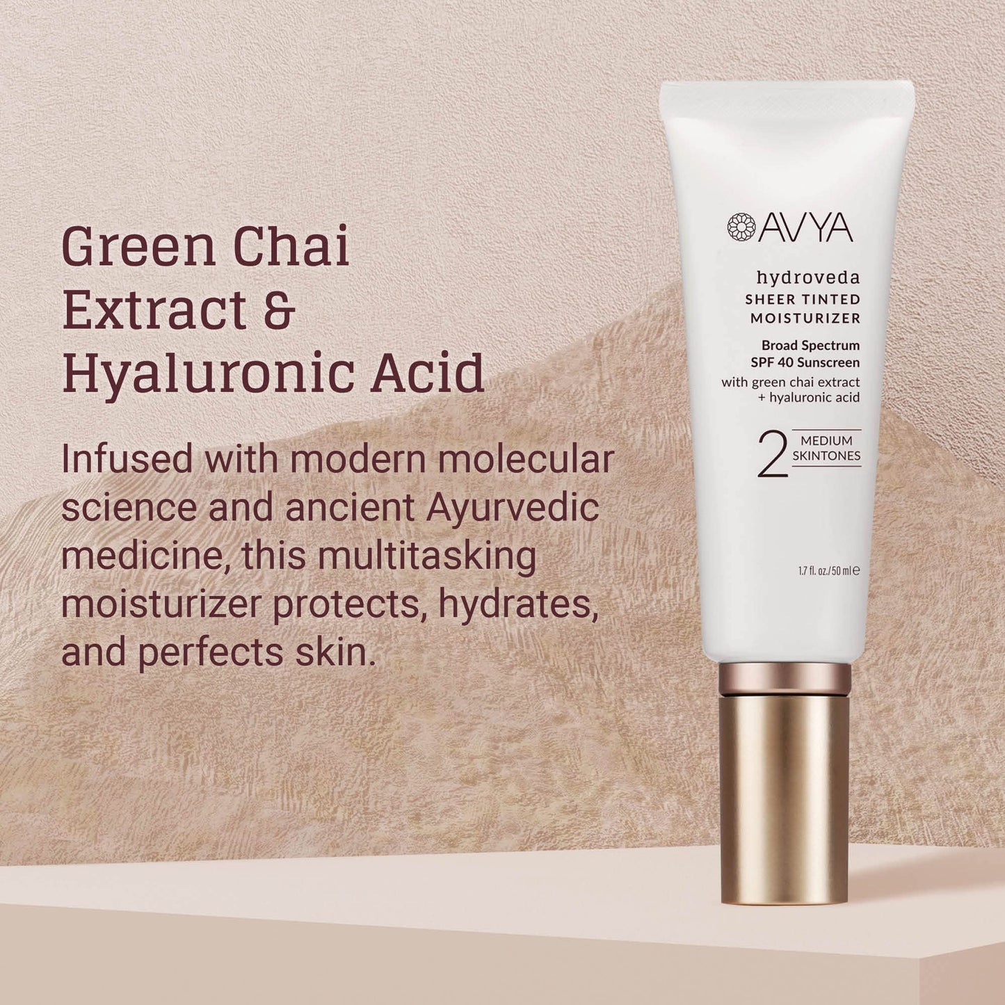 AVYA SPF 40 Sheer Tinted Moisturizer with Hyaluronic Acid & Green Chai – Advanced Ayurvedic Skincare Treatment for Balanced and Brighter Skin/Medium Skintones Shade #2 (1.7oz/50ml)