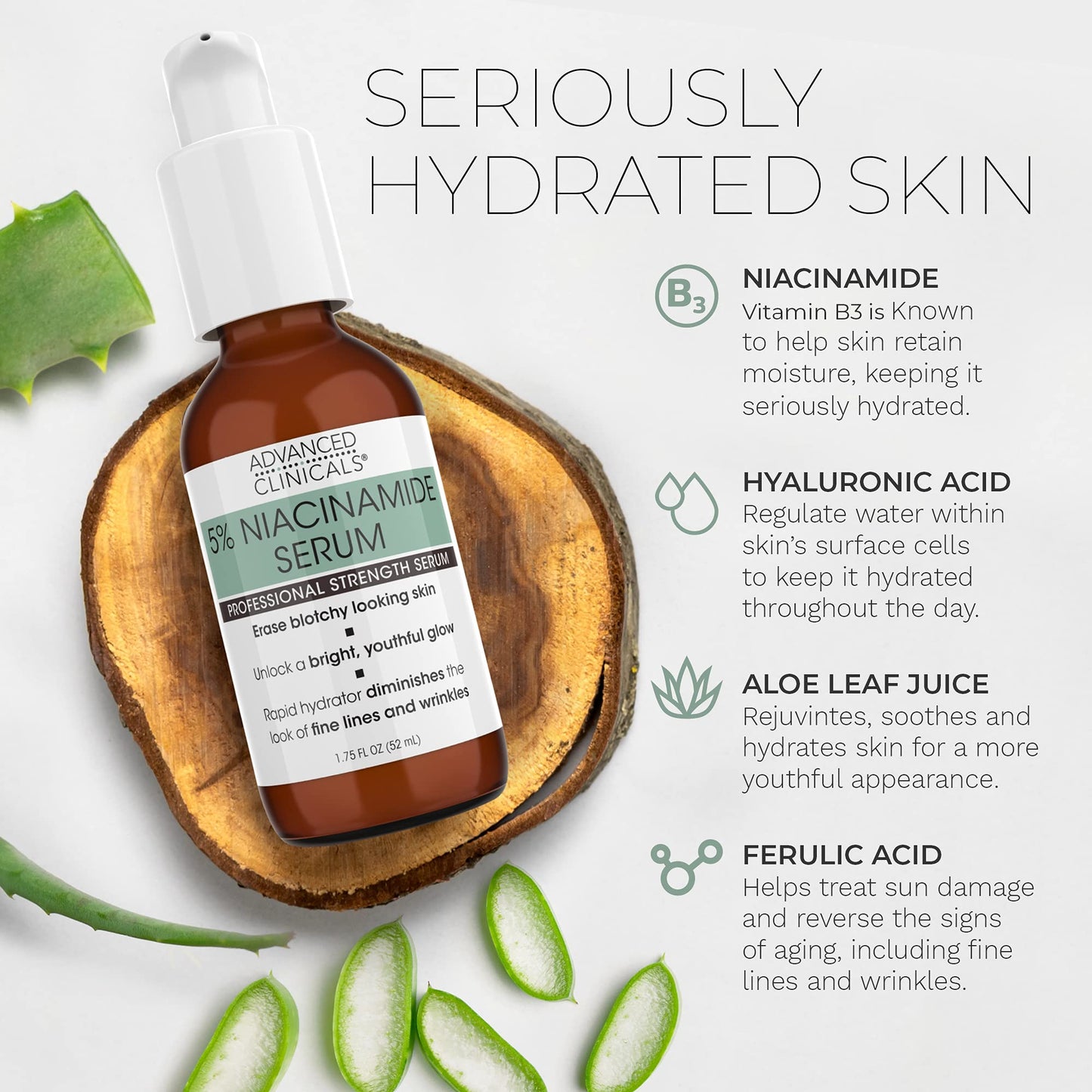 Advanced Clinicals Niacinamide Serum - 5% Niacinamide Serum For Face W/Hyaluronic Acid Serum, Ferulic Acid, Aloe Vera, Fruit Extracts - Dark Spot & Age Spot Remover - Skin Serum for Face 1.75 Fl Oz